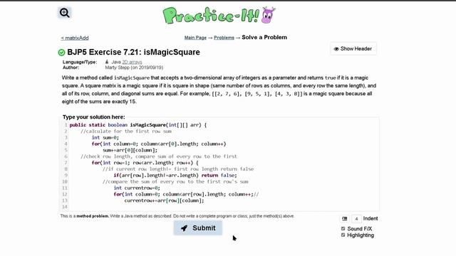 Java Practice It | Exercise 7.21: isMagicSquare | arrays, condition, 2D array смотреть онлайн