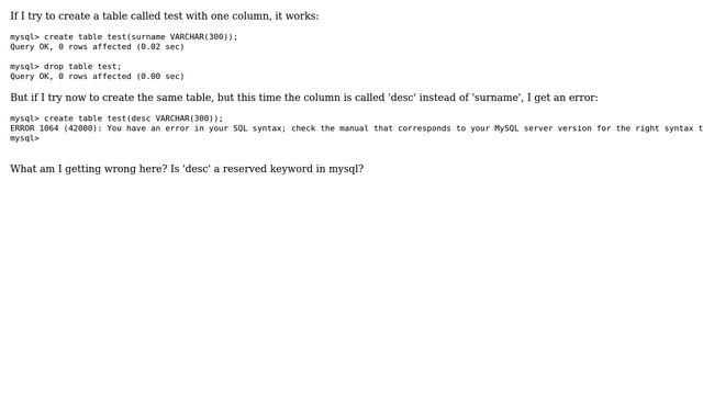 Is 'desc' a valid name for a column in mysql? (2 Solutions!!) смотреть онлайн