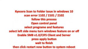 Kyocera scan to folder error (SMB) 1102 / 2101 / 2102 on windows 10