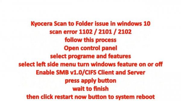 Kyocera scan to folder error (SMB) 1102 / 2101 / 2102 on windows 10