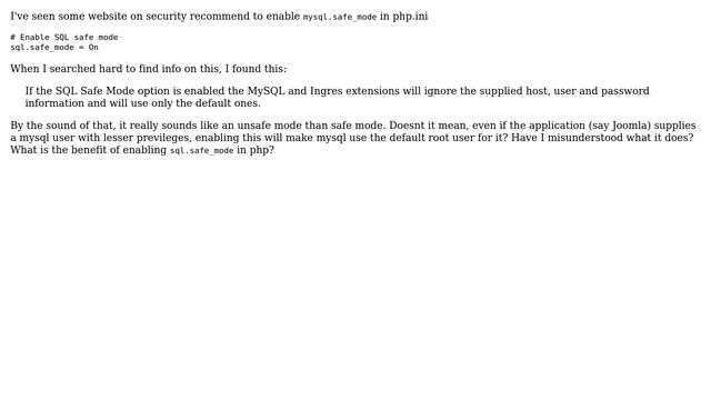 Webmasters: Whats the use of mysql.safe_mode in php.ini file? смотреть онлайн