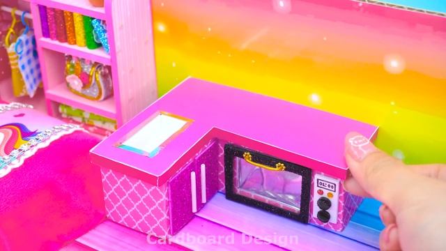 DIY Miniature House ❤️ How To Make Cute Rainbow Unicorn House With Aquarium Around From Cardboard