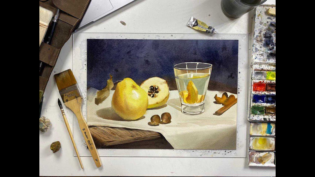 Мастер-класс по акварельной живописи «Натюрморт с грушами» | Рисуем натюрморт с грушами и бокалом смотреть онлайн