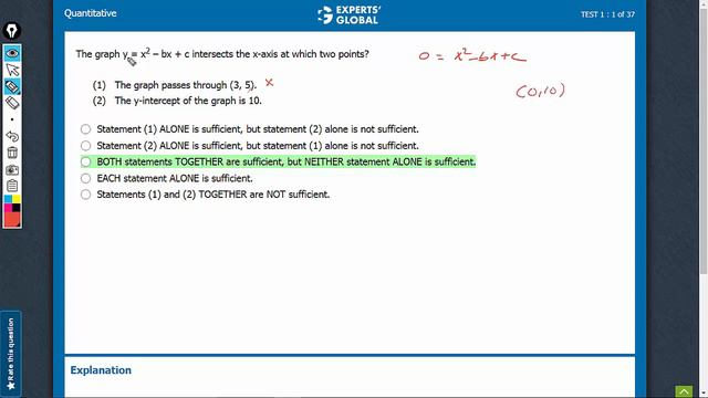 The graph y = x2 – bx + c intersects the x-axis at which two | 7148 | Experts' Global GMAT Prep смотреть онлайн
