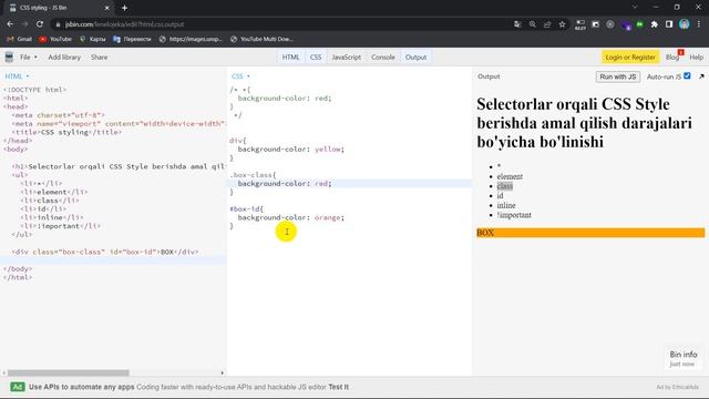 * , element, class, id, inline style berishda muhimlik darajalari, !important kalit so'zi. смотреть онлайн