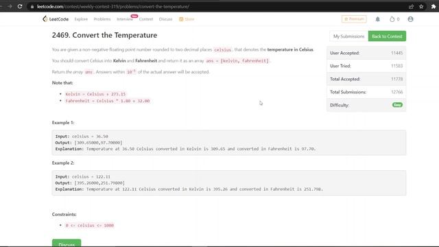 Convert the Temperature || LeetCode Weekly 319 || Easy || C++ смотреть онлайн