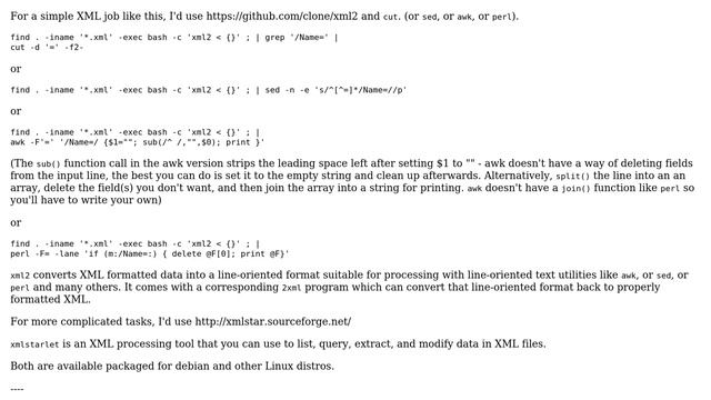 Unix & Linux: find xml file that contain specific tag name and print the words between tag name смотреть онлайн