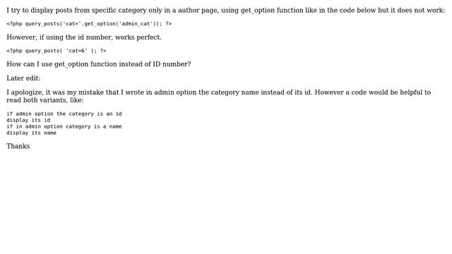 Wordpress: How to display posts from specific category using get_option function? смотреть онлайн
