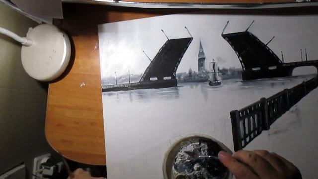 Нарисовать мост Санкт-Петербурга черно-белыми красками. смотреть онлайн