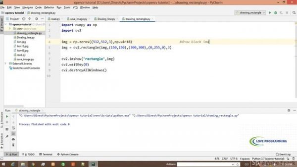how to draw rectangle in python using openCV | Pycharm | Python | Love Programming