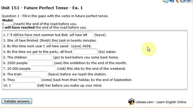 Litesee.com (Learn English Online): Unit 151 Future Perfect Tense Exercise 1