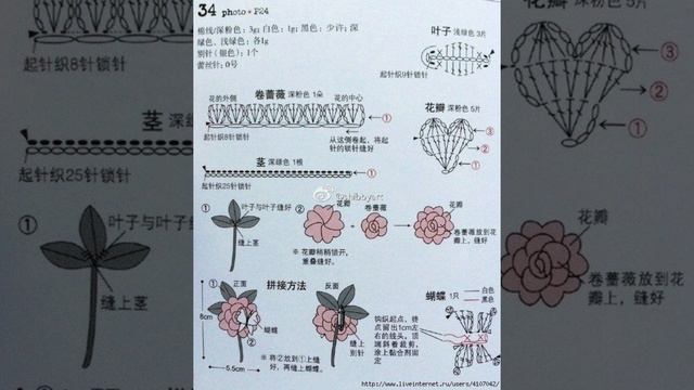 Роза, брошь, вязание крючком,  МК,  мастер класс в схемах.