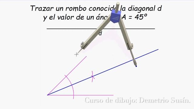 Curso de dibujo técnico: dibujar un rombo conocida una diagonal y el valor de un ángulo de 45º. смотреть онлайн