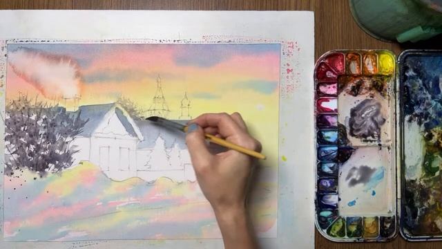 Зимний пейзаж акварелью смотреть онлайн