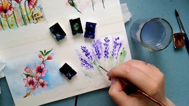 Как нарисовать лаванду акварелью. Рисуем лаванду за 5 минут. Открытка с лавандой. Лёгкий рисунок. смотреть онлайн