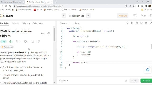 Leetcode 2678 Number of Senior Citizens смотреть онлайн