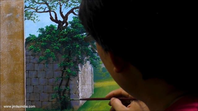 Acrylic Landscape Painting In Time-lapse / Bougainvillea On Wall / JMLisondra
