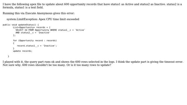Salesforce: Updating 600 rows of opportunity gives error time limit exceeded смотреть онлайн