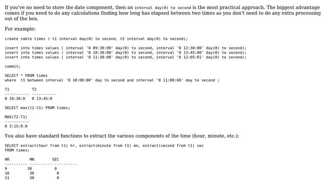 Most efficient and practical way to store time values (HH:MM) in Oracle that makes it easily... смотреть онлайн