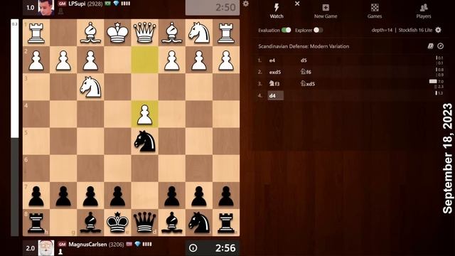 Magnus Carlsen Vs GM Luis Paulo Supi | Blitz Chess 3+0 | ChessCom | September 18, 2023