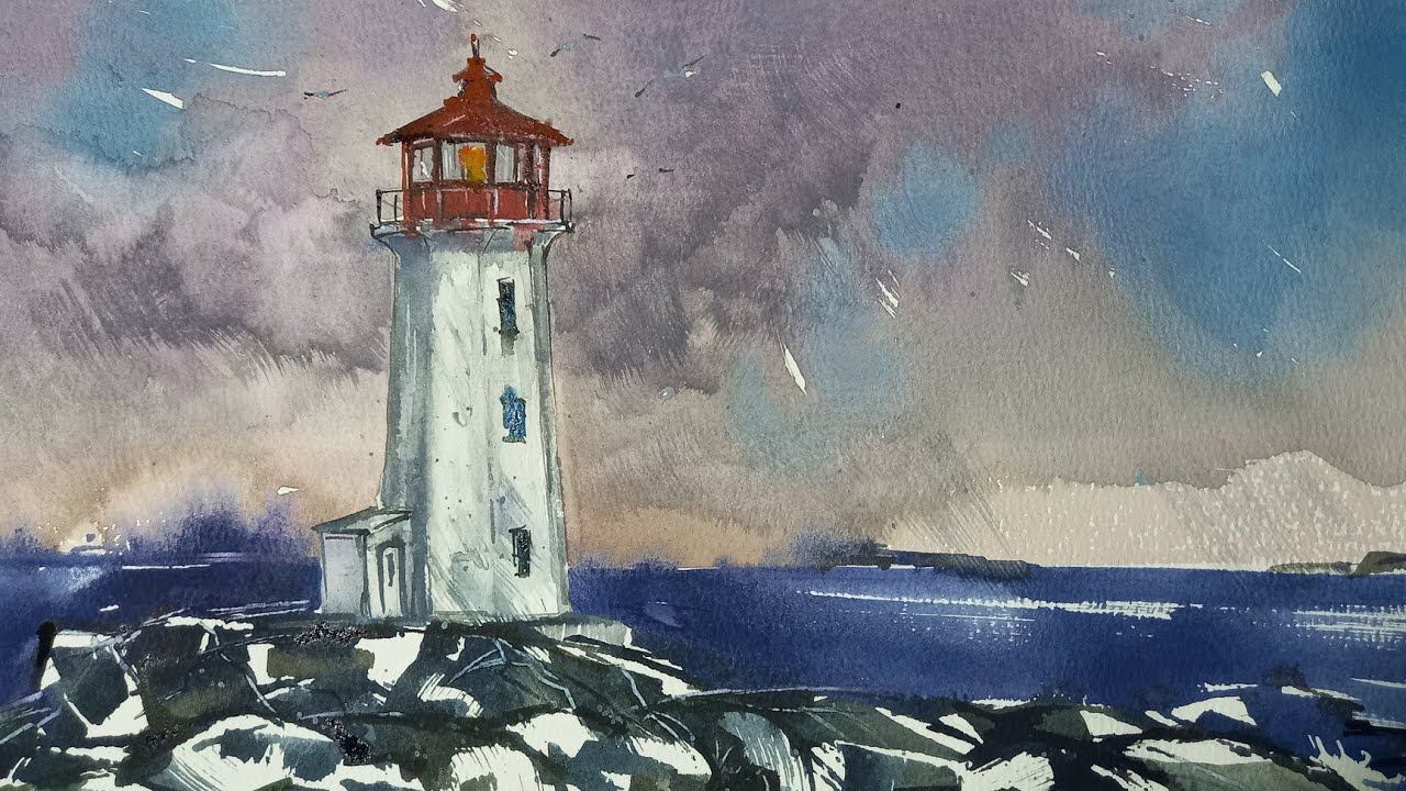Зимний маяк, быстрая акварель смотреть онлайн