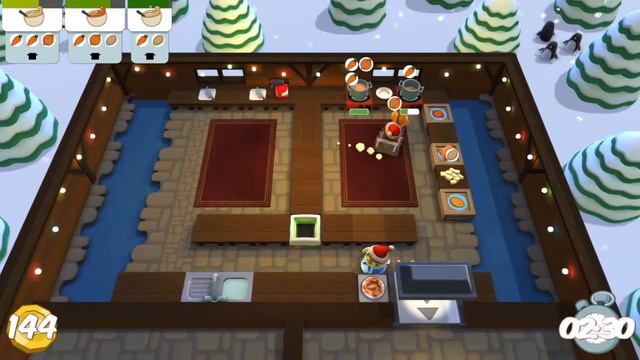 Играем в Overcooked the festive seasoning. уровень 1-1 3 звезды 2 игрока. смотреть онлайн