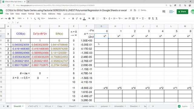COS(x) to SIN(x) Taylor Series Factorial SERIESSUM LINEST Polynomial Regression Google Sheets exce смотреть онлайн