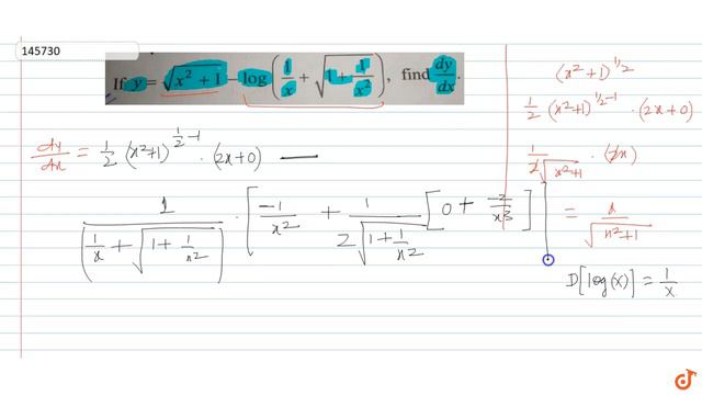 `y=sqrt(x^2+1) - log(1/x+sqrt(1+1/(x^2)))`, find `dy/dx` смотреть онлайн