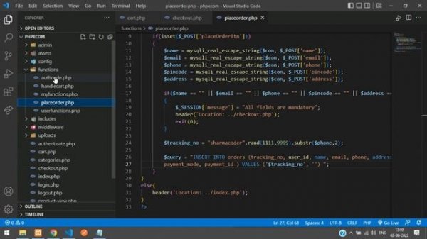 PHP Ecom Part 26: How to make checkout page and place order in PHP MySql | Delete cart items