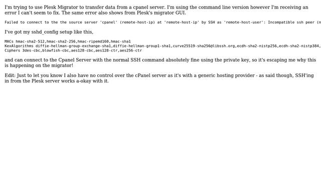 DevOps & SysAdmins: Plesk Migrator Incompatible ssh peer (no acceptable kex algorithm) смотреть онлайн