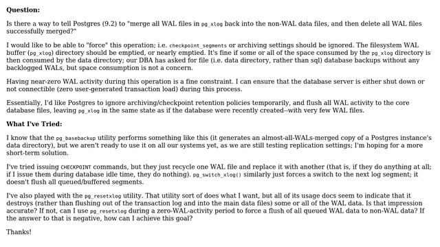 How can I force a merge of all WAL files in pg_xlog back into my base "data" directory? смотреть онлайн