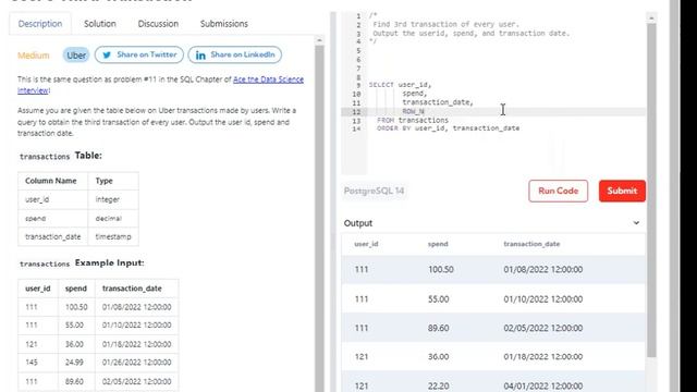 Uber SQL Interview Question: User's Third Transaction смотреть онлайн