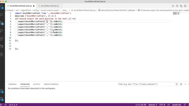 Writing tests using Jest framework. Knuth Morris Pratt algorithm testing demonstration смотреть онлайн