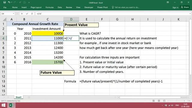 CAGR (calculation) in excel | calculate Compound Annual Growth Rate | Excel Tutoring смотреть онлайн