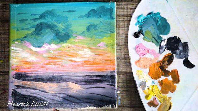 Draw Sunrise On The Beach/ Seascape Acrylic Painting/ ASMR смотреть онлайн