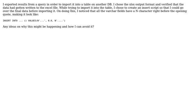 Databases: Insert script adds N before each varchar data смотреть онлайн
