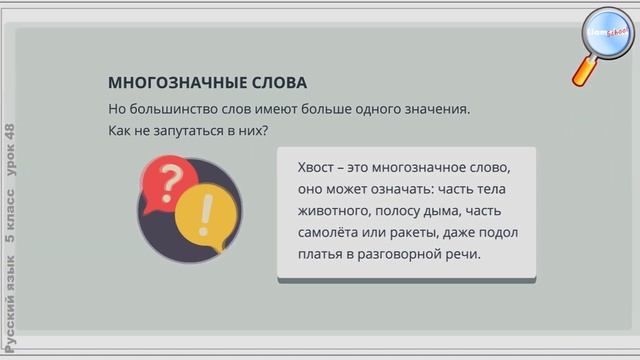 Русский язык 5 класс (Урок№48 - Однозначные и многозначные слова.) смотреть онлайн