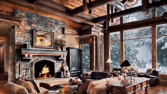 Уютный зимний вечер. Звук камина. За окном падает снег. Cozy House In The Forest A Burning Fireplac