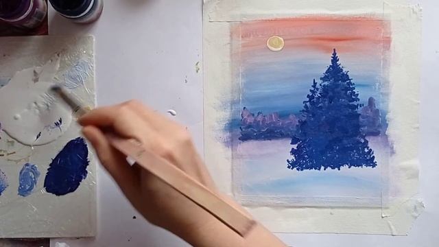 Зимняя опушка | Пошаговый пейзаж гуашью смотреть онлайн