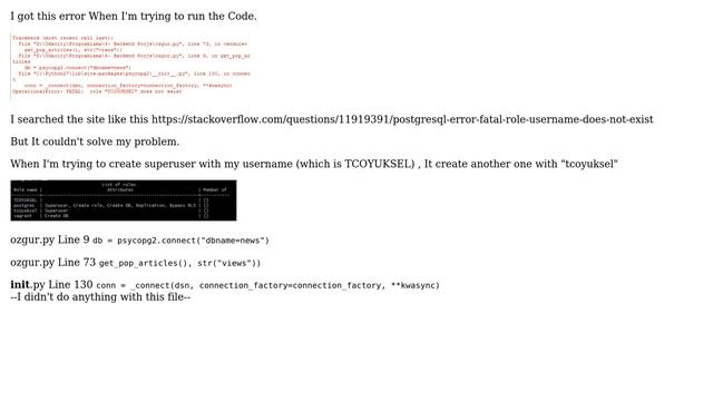 Databases: PostgreSQL error: OperationalError: FATAL: role "username" does not exist смотреть онлайн