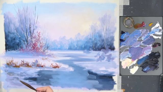 Зимняя река – урок по живописи маслом смотреть онлайн