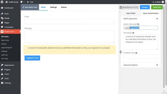 GDPR Agreement Consent Field in WP Fluent Form WordPress Plugin смотреть онлайн