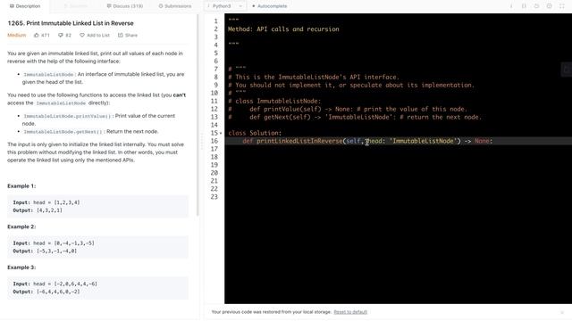 Leetcode 1265. Print Immutable Linked List in Reverse - follow the statement of the problem смотреть онлайн
