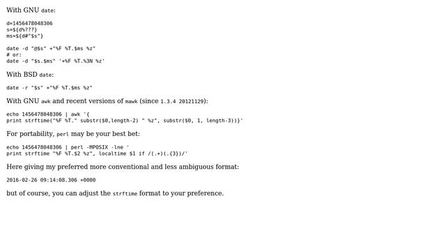 Unix & Linux: Convert unix timestamp to hh:mm:ss:SSS (where SSS is milliseconds) in AWK смотреть онлайн