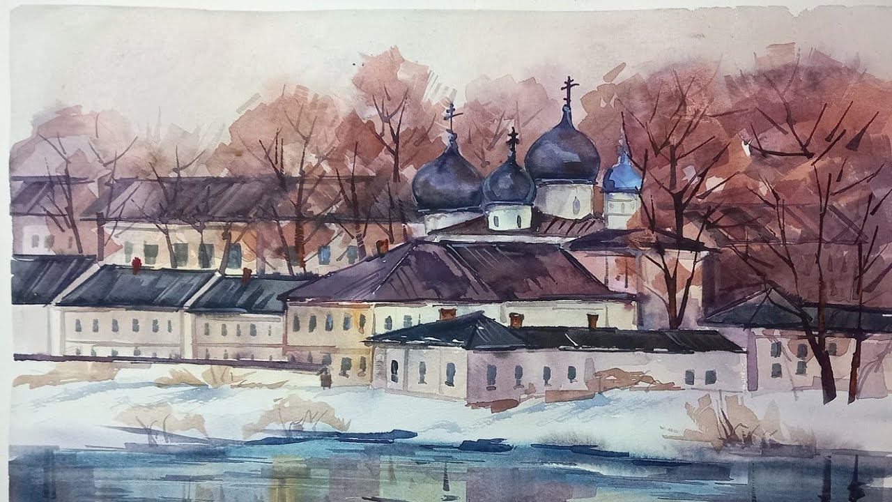 Антоново, февраль, акварельный этюд смотреть онлайн