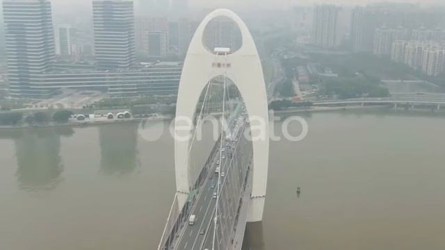 Liede Bridge on Pearl River. Guangzhou City in Smog, China. Aerial View | Stock Footage - Envato... смотреть онлайн