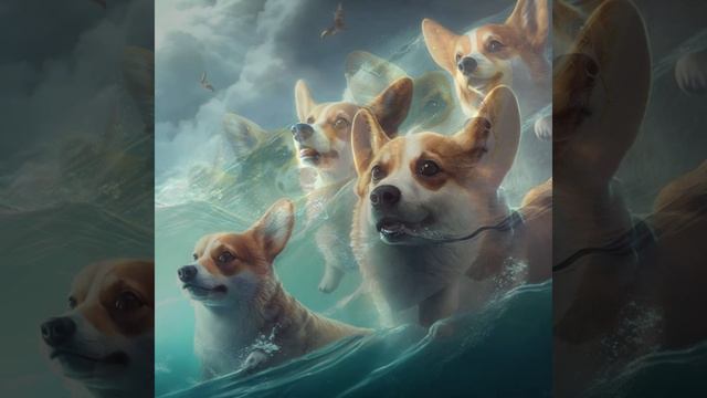 Seaside Serenade: Corgis frolicking in digital waves with piano melody смотреть онлайн