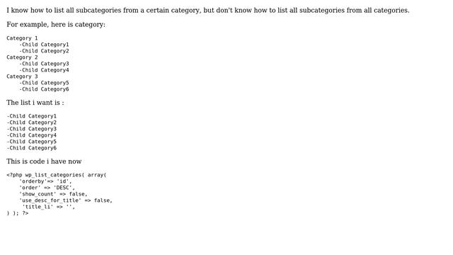 Wordpress: How to list all subcategories from all categories but not from a certain category? смотреть онлайн