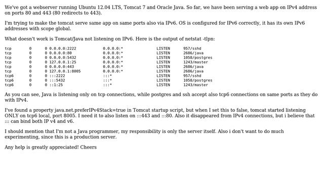Tomcat & Java not listening on IPv6 смотреть онлайн