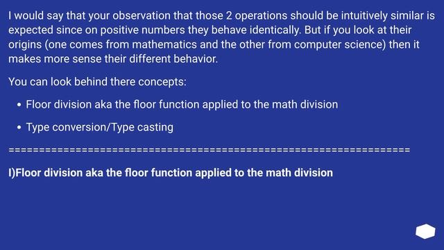 What is the reason for difference between integer division and float to int conversion in python? смотреть онлайн